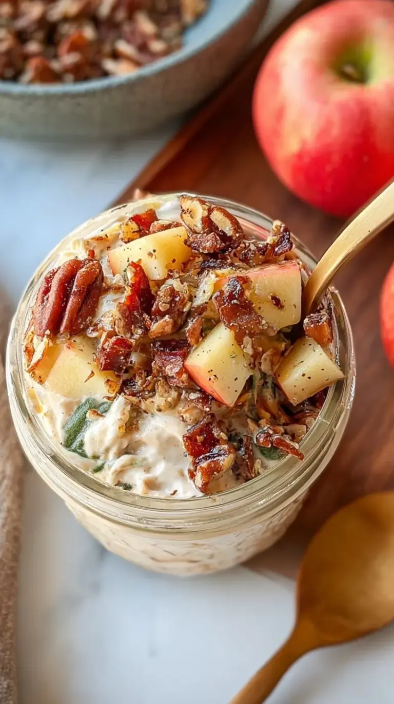 A glass jar filled with diced Honeycrisp apples coated in cinnamon Greek yogurt and drizzled with peanut butter.