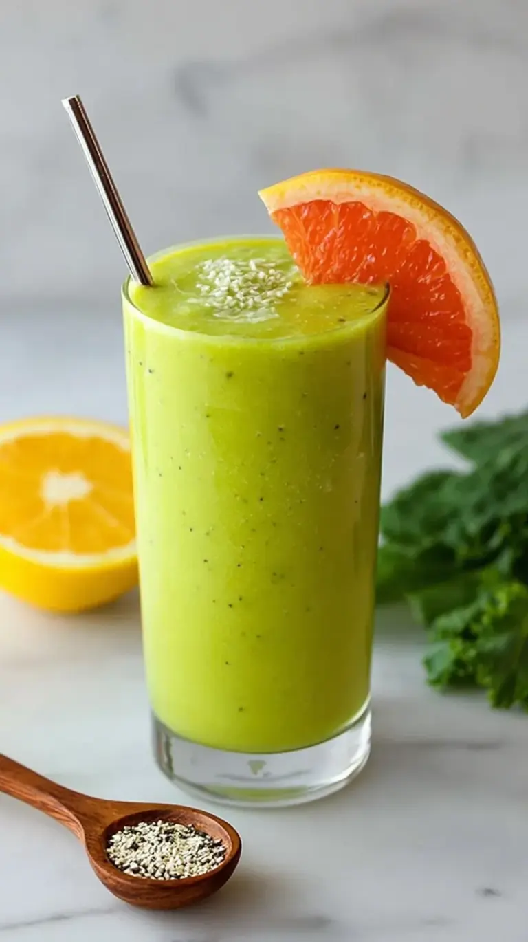 A vibrant orange and pink Vitamin C smoothie in a glass with a kiwi slice garnish