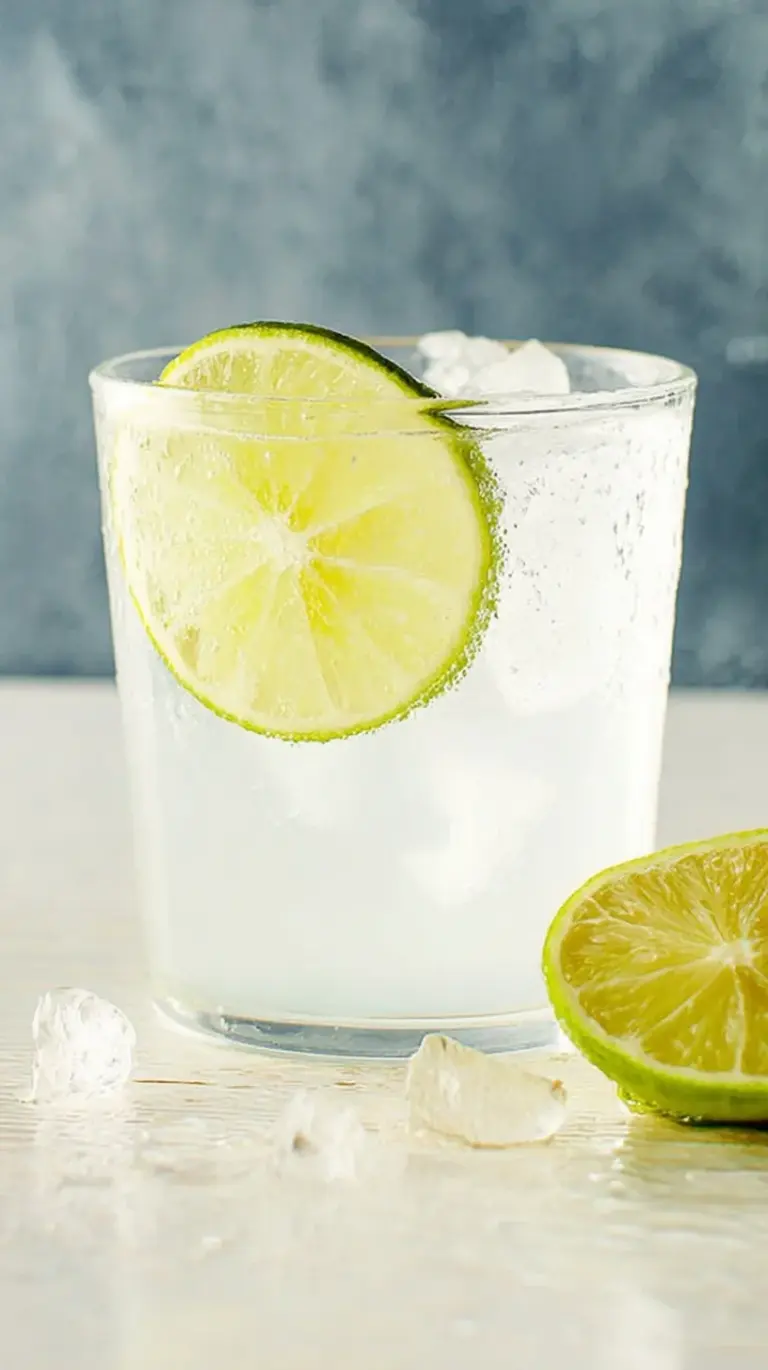 A tall highball glass filled with a clear vodka soda, ice cubes, and a fresh lime wedge garnish.
