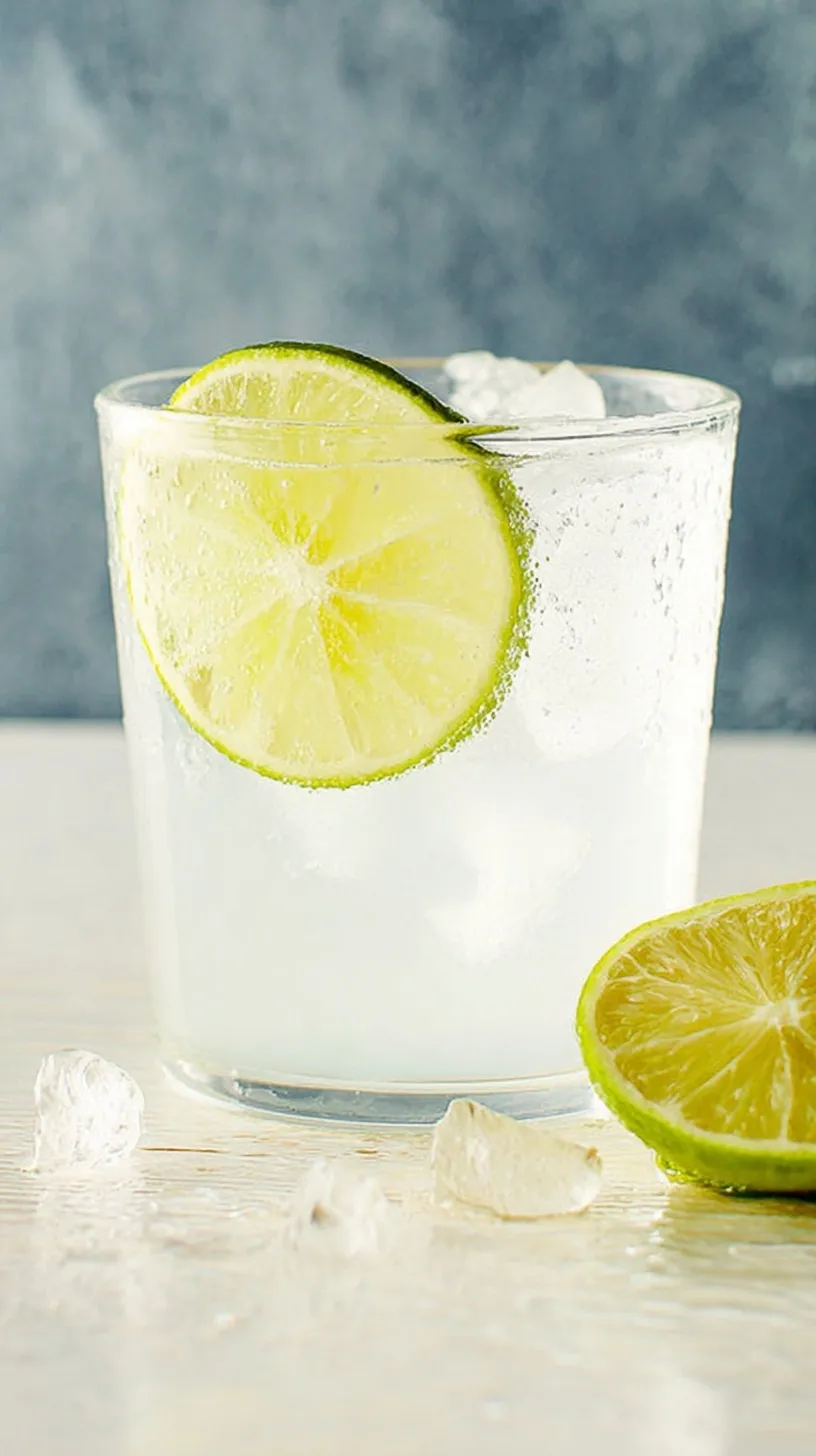 A tall highball glass filled with a clear vodka soda, ice cubes, and a fresh lime wedge garnish.