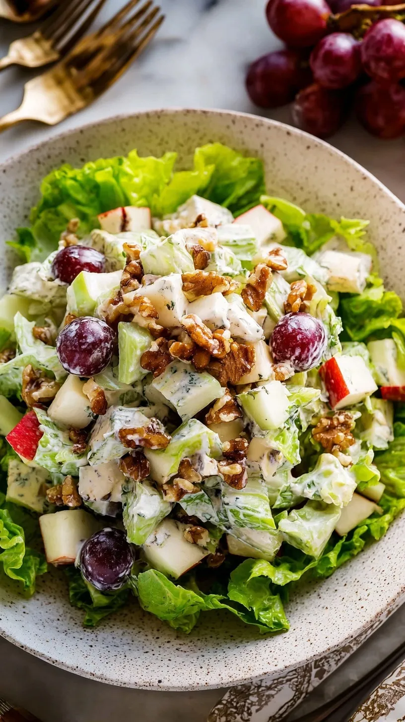 A fresh Waldorf salad with apples, grapes, and walnuts served on crisp green lettuce leaves.