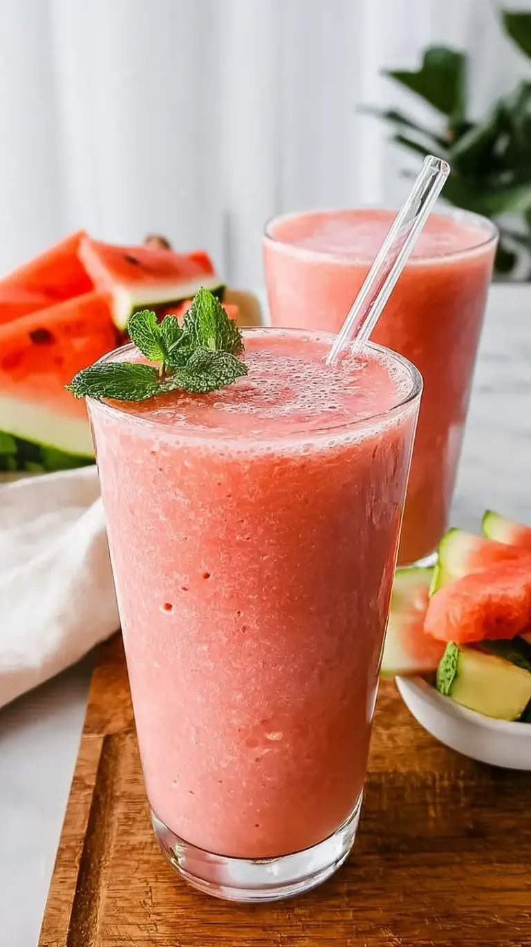 A vibrant pink watermelon smoothie in a chilled glass garnished with fresh mint and a lime slice.