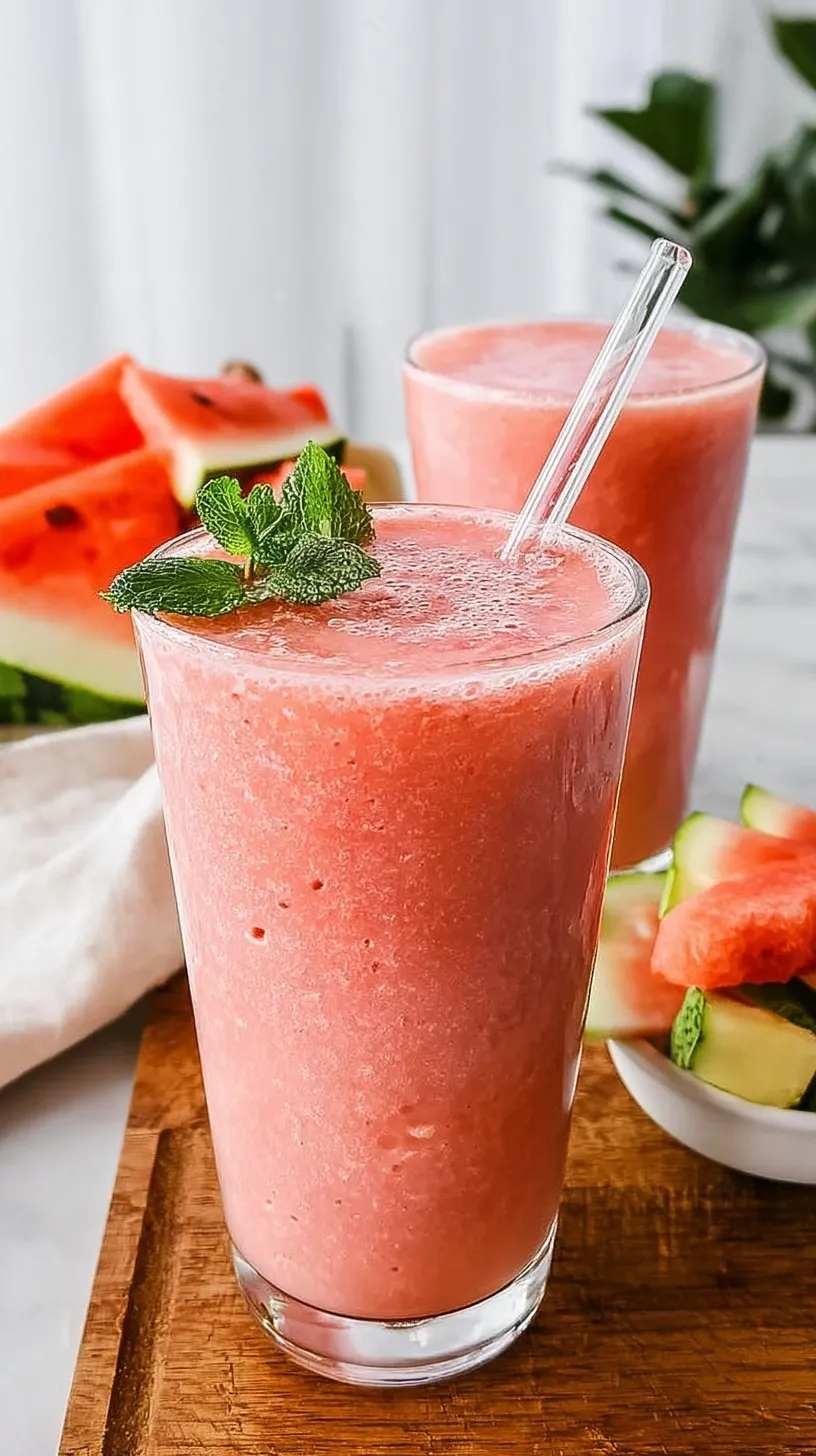 A vibrant pink watermelon smoothie in a chilled glass garnished with fresh mint and a lime slice.
