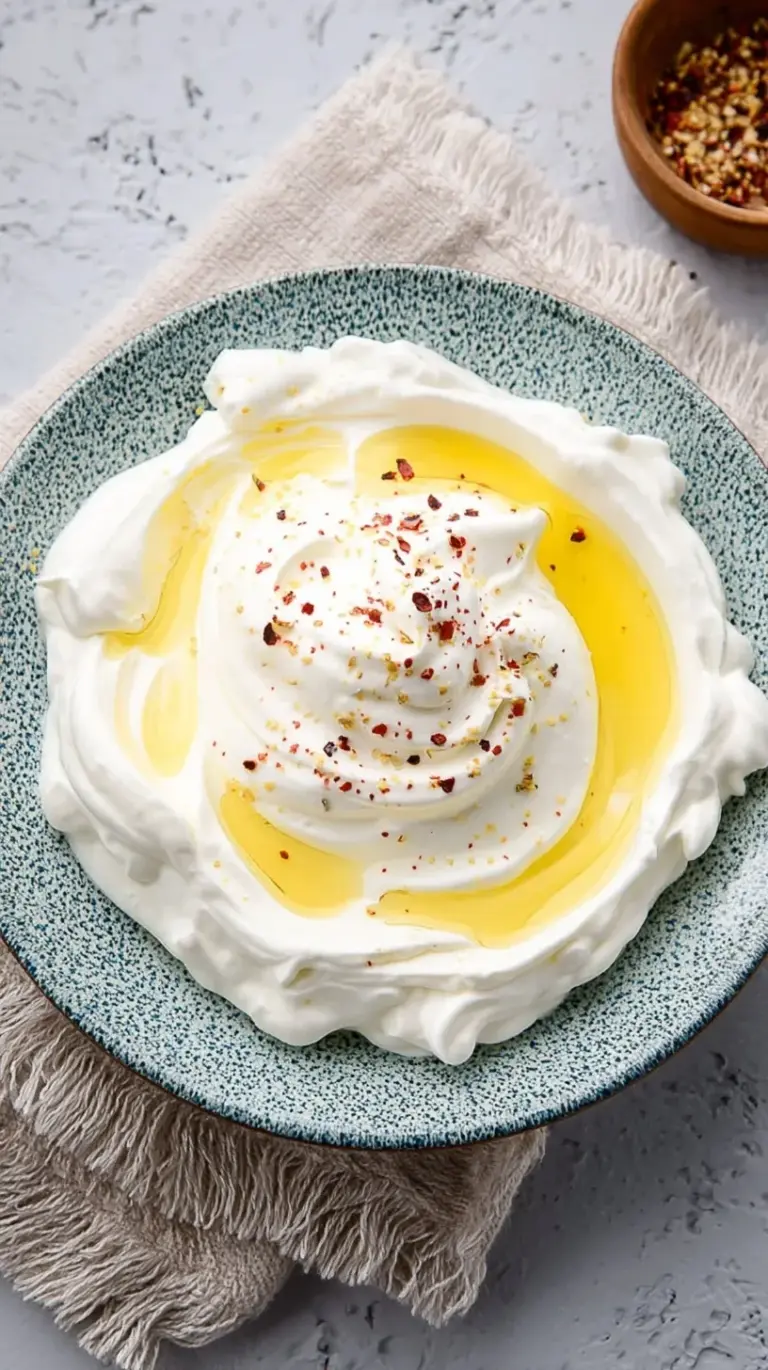 A bowl of silky whipped cottage cheese topped with a drizzle of olive oil