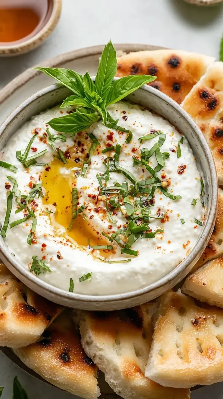 A bowl of silky whipped feta dip topped with olive oil and oregano served with pita bread.