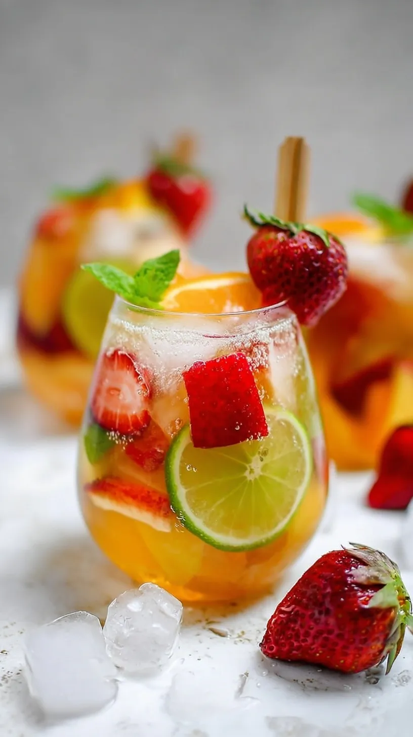 A glass pitcher filled with White Wine Sangria, citrus slices, and green apples on a sunny patio table.