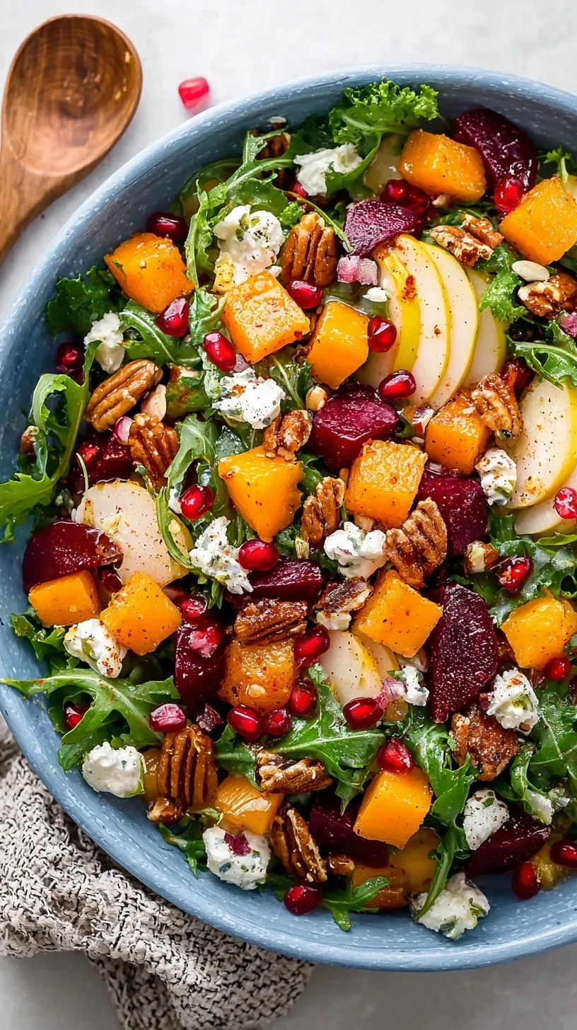 A colorful roasted winter root salad with kale, butternut squash, and pomegranate seeds in a large bowl.