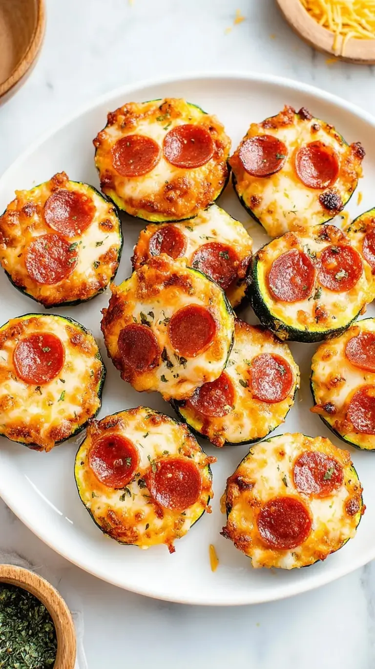 Golden Zucchini Pizza Bites topped with melted mozzarella and mini pepperoni on a baking sheet.