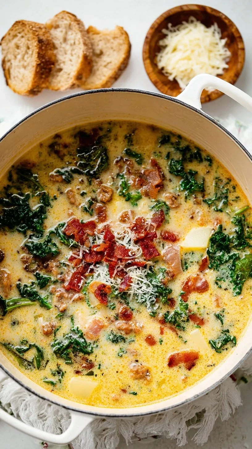 A steaming bowl of creamy Zuppa Toscana soup topped with crispy bacon and parmesan cheese.