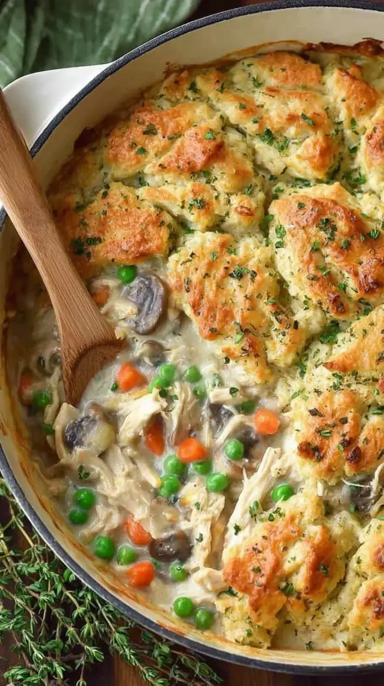 A skillet filled with creamy chicken, peas, and carrots in a rich herb gravy