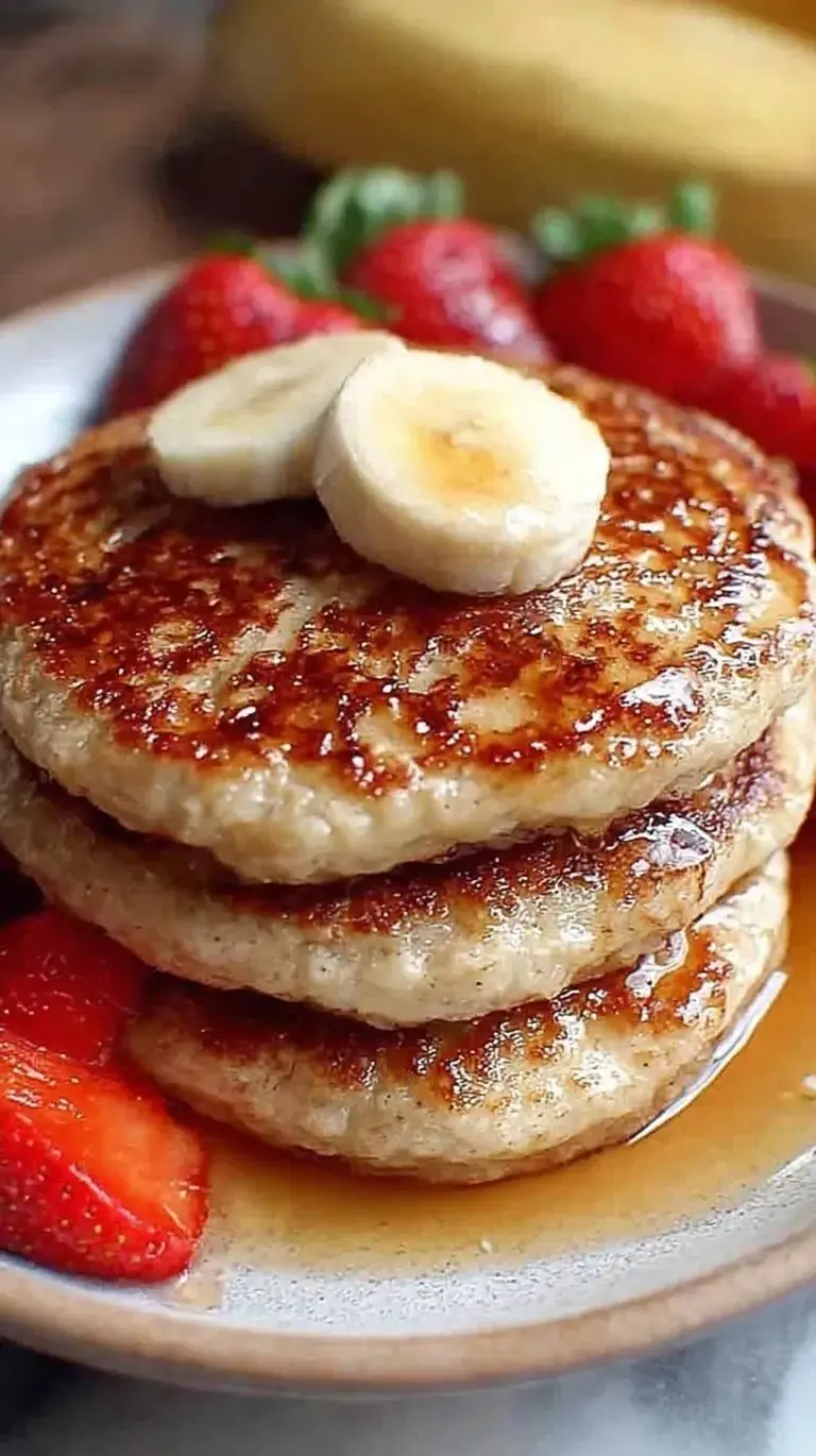 A stack of golden brown banana oatmeal pancakes topped with fresh berries and maple syrup
