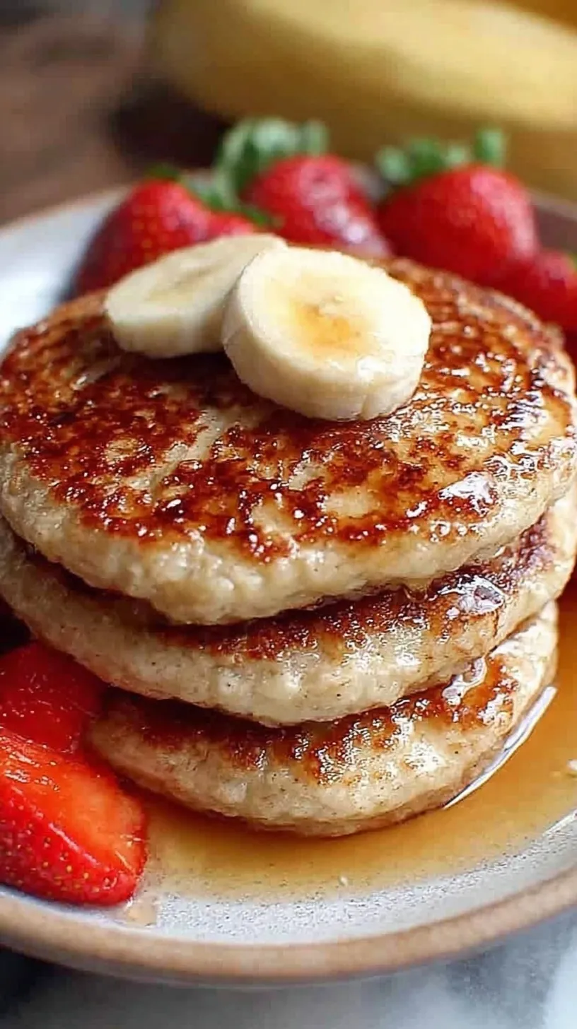 A stack of golden brown banana oatmeal pancakes topped with fresh berries and maple syrup