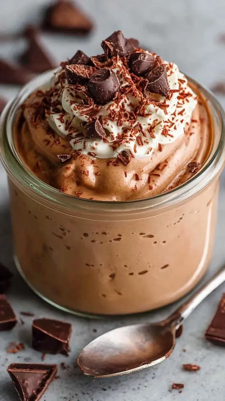 A bowl of thick chocolate 3-ingredient protein pudding topped with fresh berries