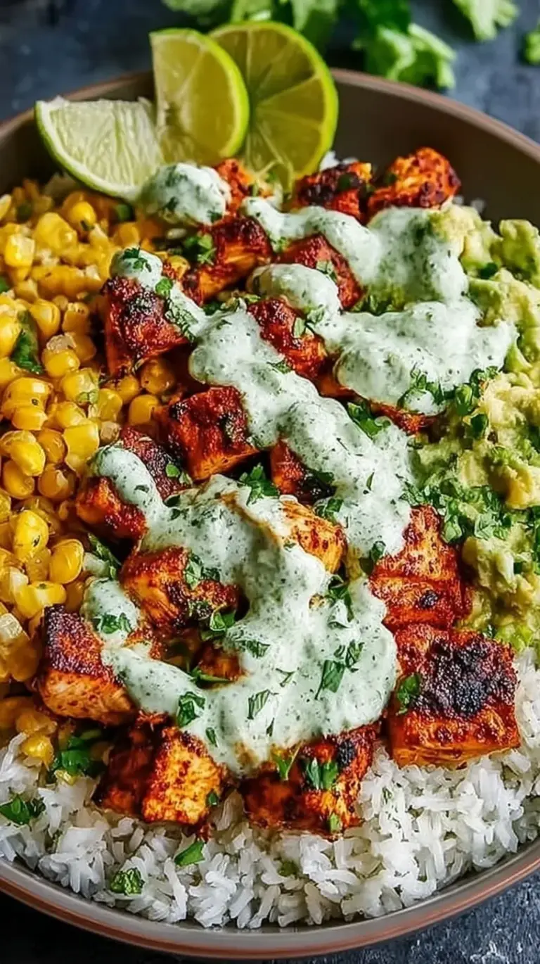 A vibrant Street Corn Chicken Bowl with charred corn, cotija cheese, and cilantro lime rice.