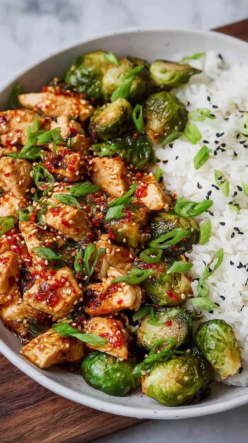 A bowl of crispy air fried chicken cubes and charred Brussels sprouts coated in a glossy sweet chili glaze with sesame seeds.