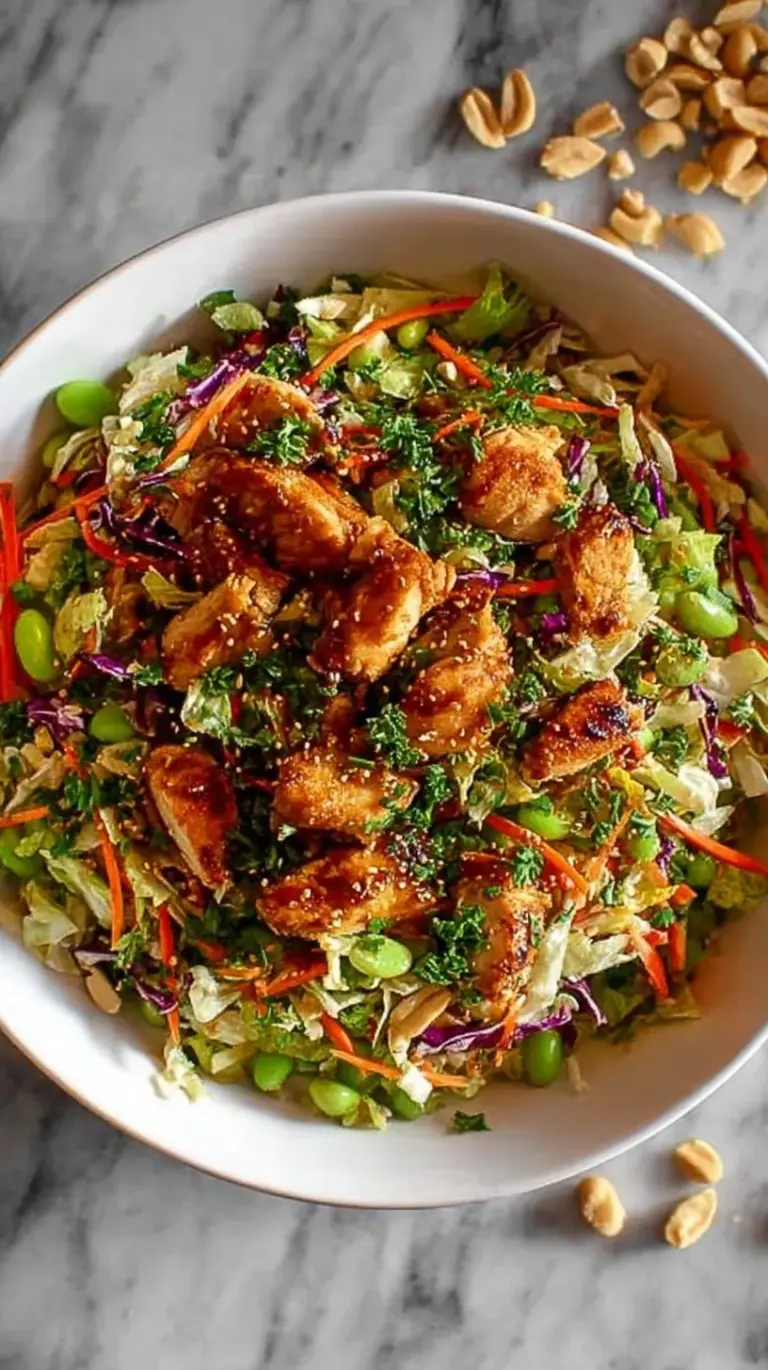 A colorful Asian chicken crunch salad in a large bowl with shredded cabbage, carrots, and toasted almonds