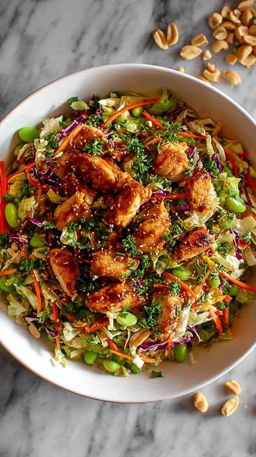 A colorful Asian chicken crunch salad in a large bowl with shredded cabbage, carrots, and toasted almonds