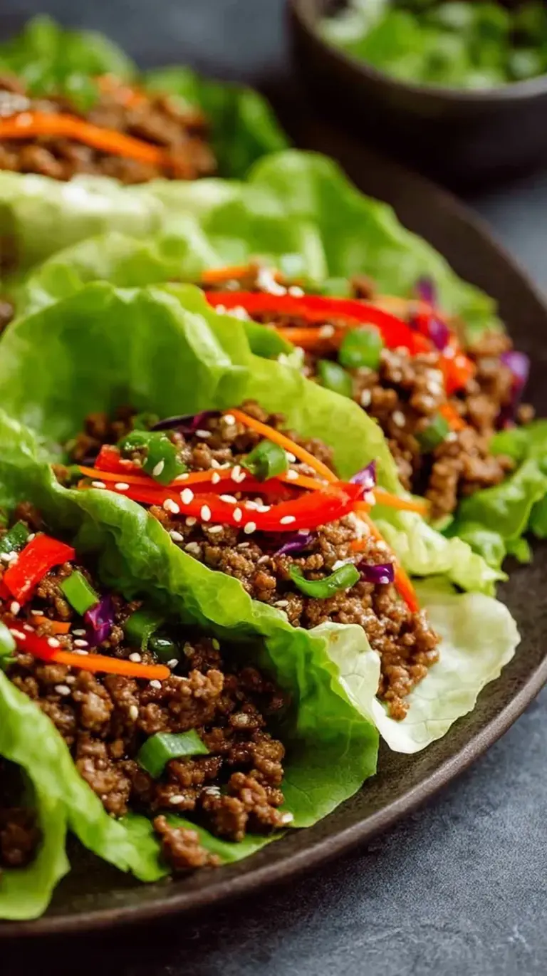 Savory ground beef mixture served in vibrant green butter lettuce cups with green onion garnish