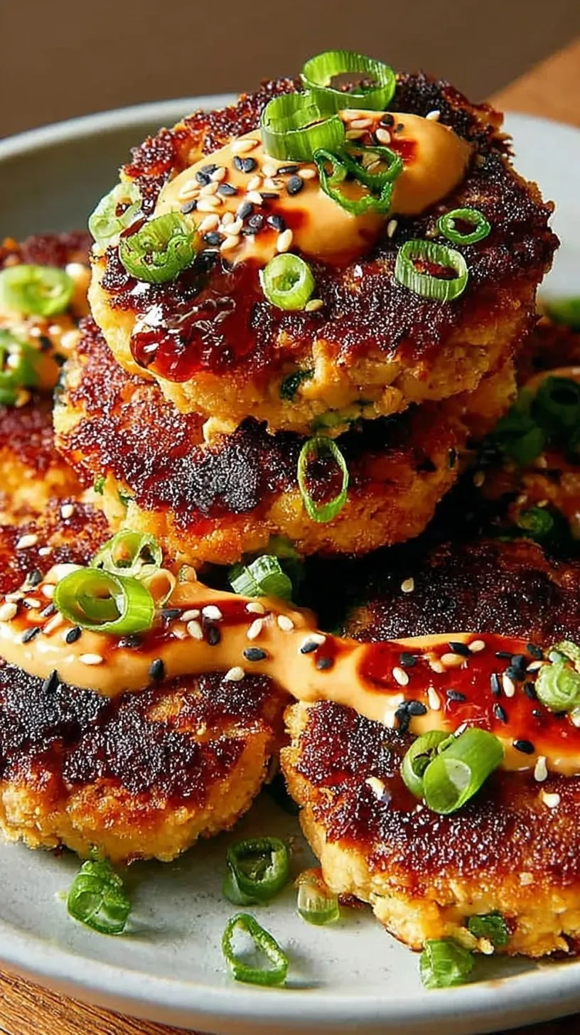 Golden brown Asian Tuna Cakes served on a white plate with sliced green onions