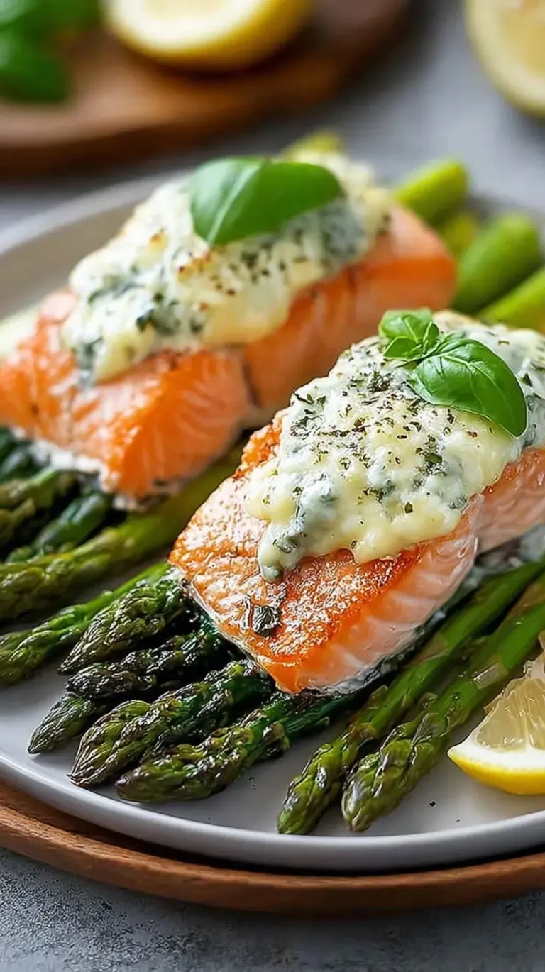 Four elegant salmon rolls filled with green asparagus spears on a parchment lined baking sheet.