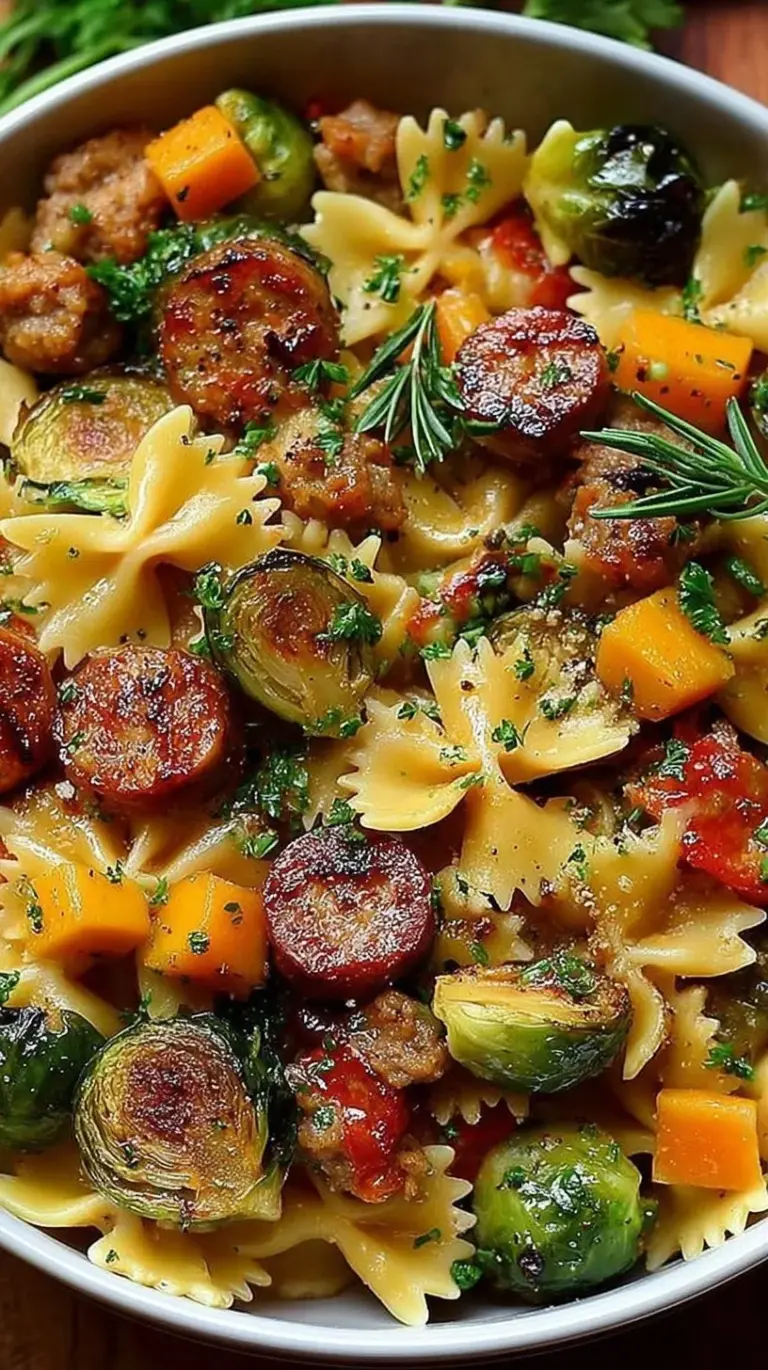 A bowl of orecchiette pasta with browned sausage and caramelized Brussels sprouts topped with parmesan cheese.