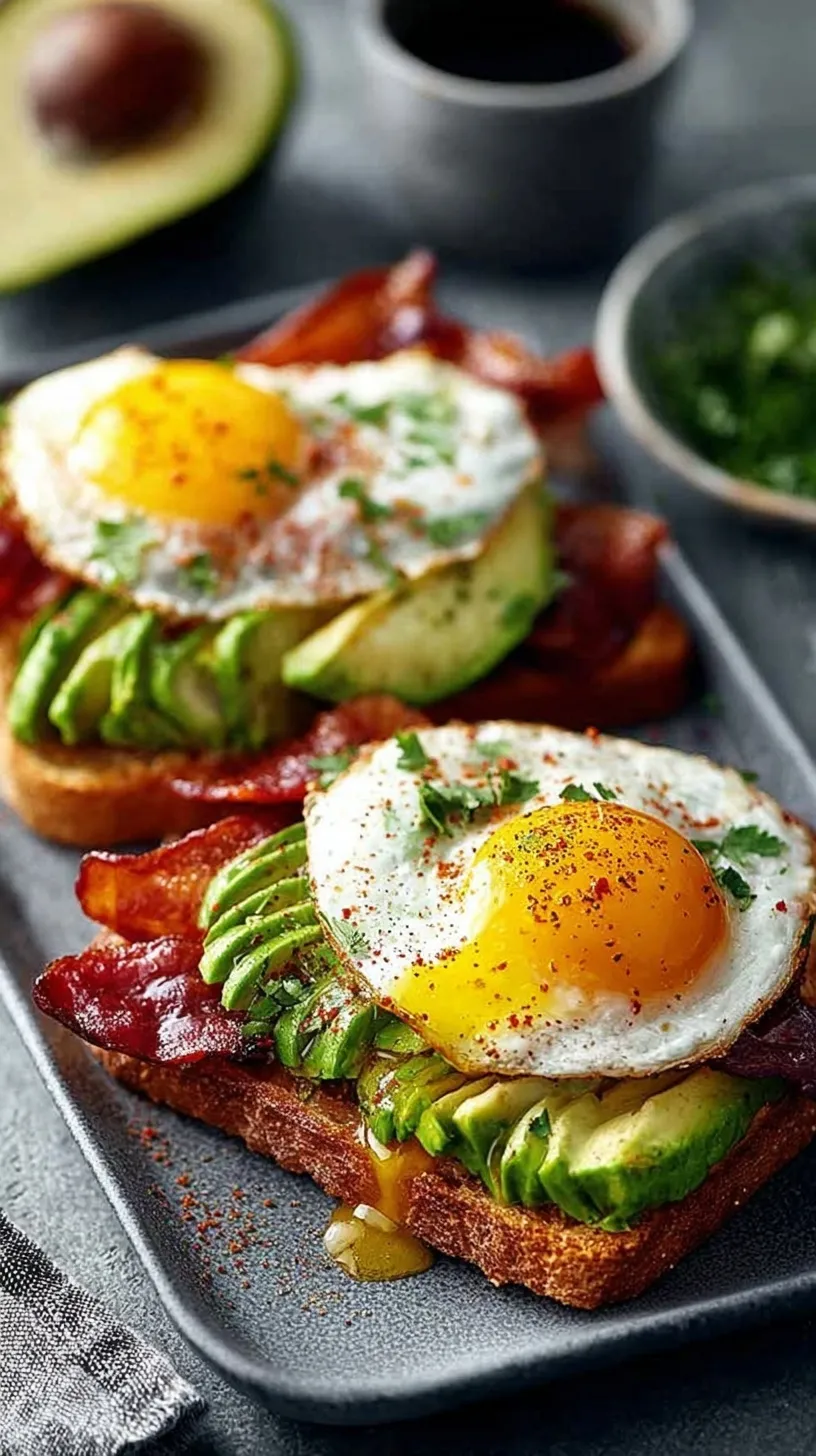 A slice of sourdough topped with mashed avocado, two strips of bacon, and a sunny-side-up fried egg.