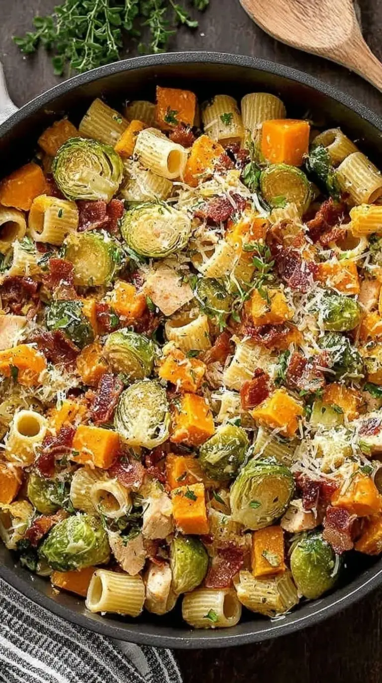 A colorful bowl of harvest pasta with chicken, roasted butternut squash, and charred Brussels sprouts topped with parmesan cheese.