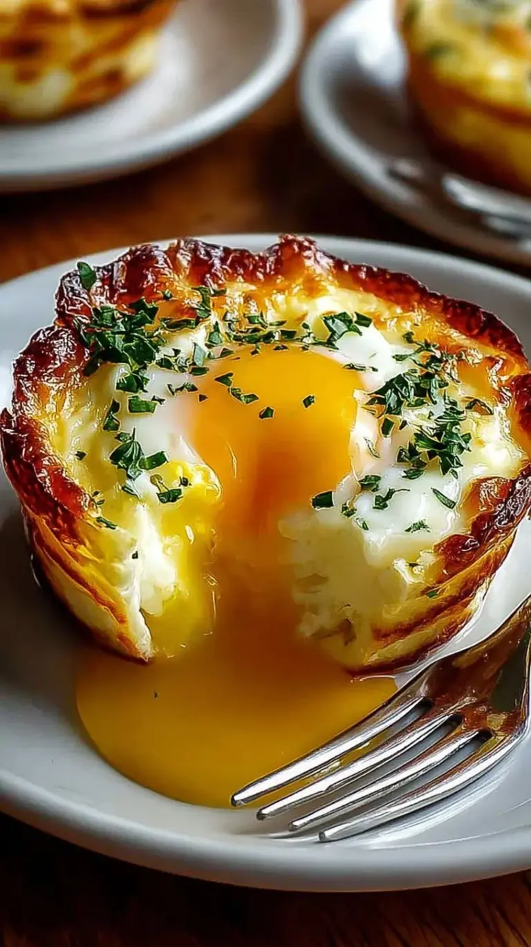 A golden brown slice of baked cottage cheese eggs topped with fresh green chives in a white dish.