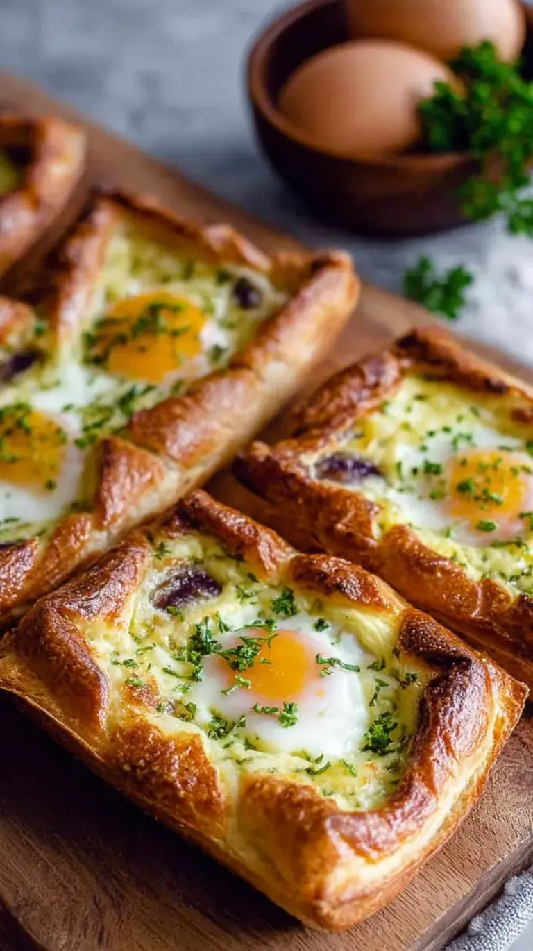 Golden baked egg boats in hollowed baguettes with melted cheese and fresh chives