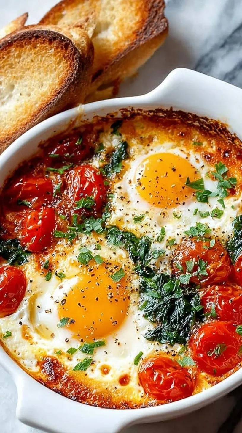 A skillet of baked feta eggs nestled in roasted tomatoes and wilted spinach