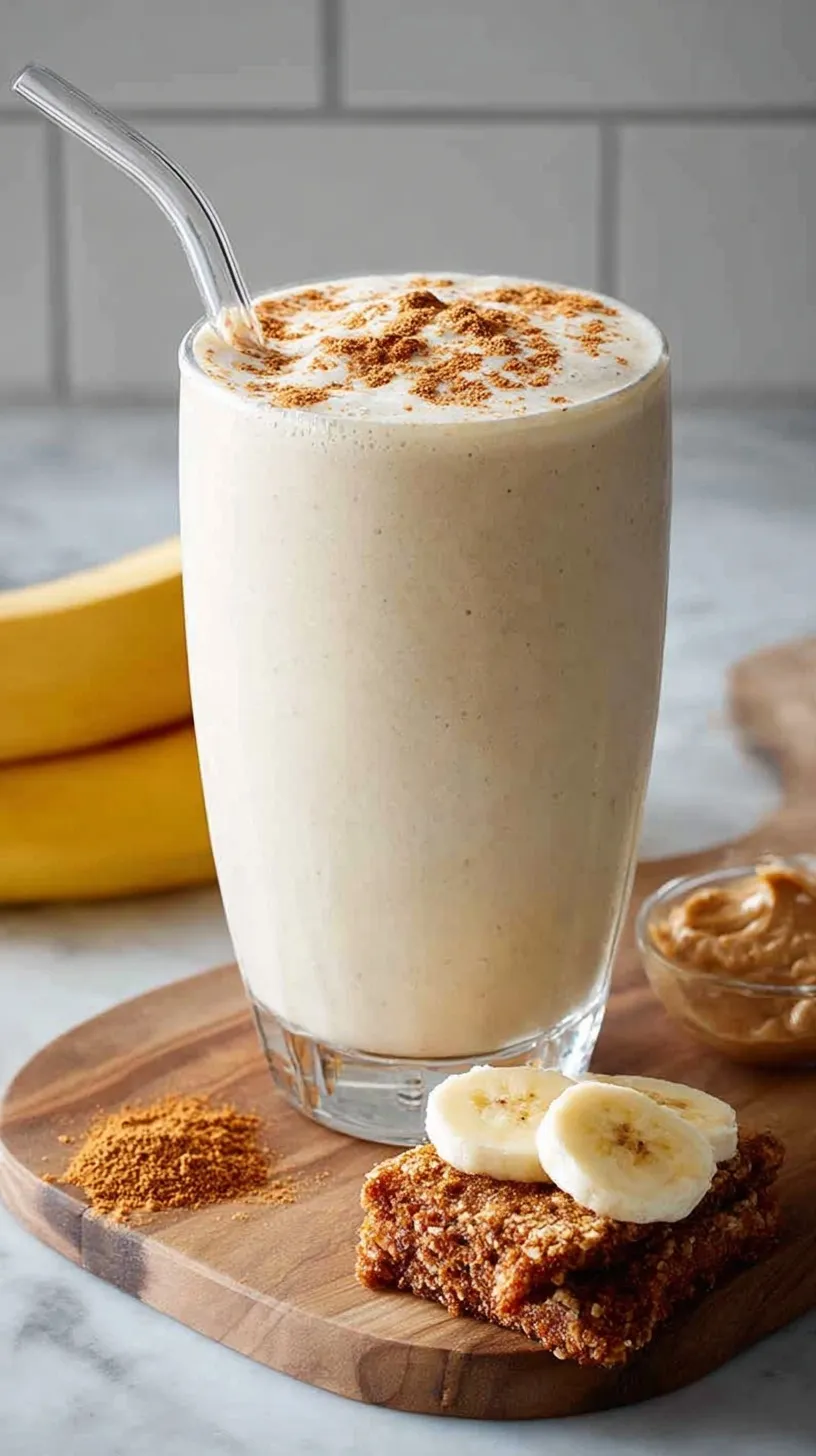 A creamy banana bread protein shake in a tall glass topped with a dash of cinnamon