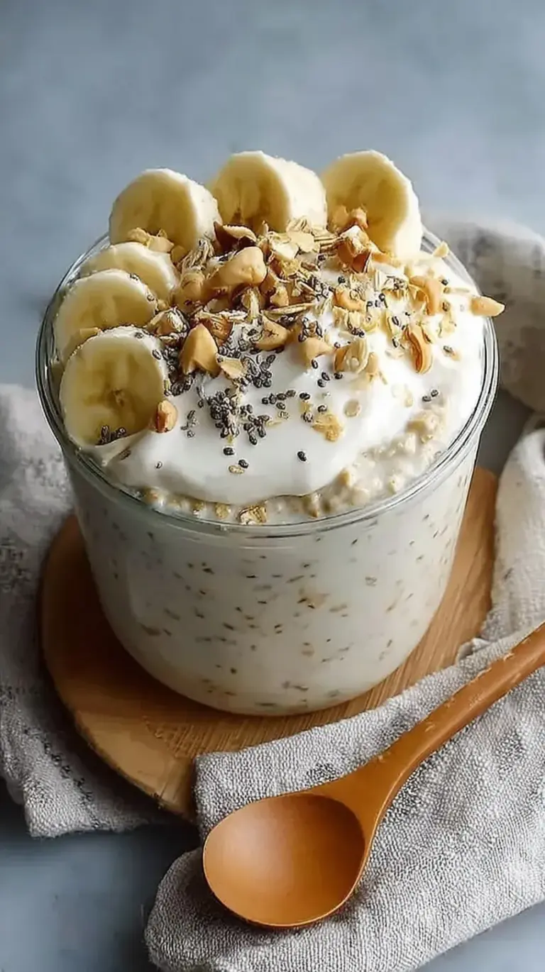 A glass jar filled with creamy banana cream pie overnight oats topped with fresh banana slices and graham cracker crumbs.
