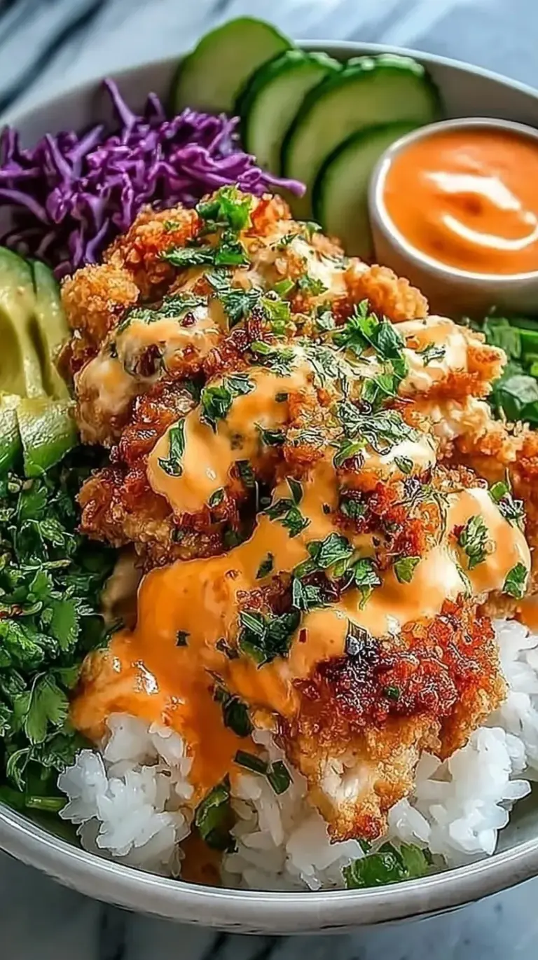 A vibrant Bang Bang Chicken Bowl with crispy glazed chicken, fresh cucumbers, and shredded carrots over jasmine rice.