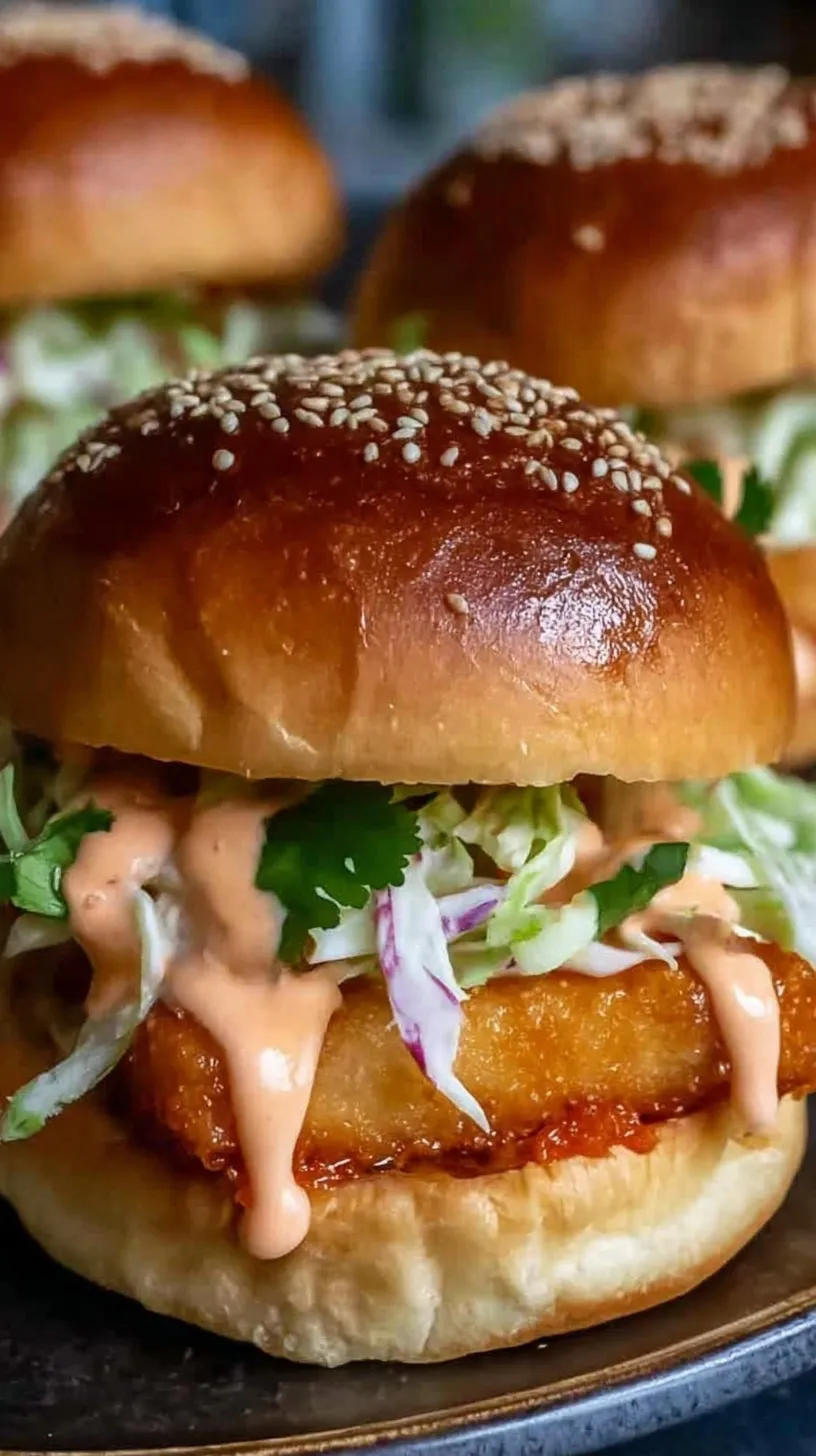 A tray of golden brown Bang Bang Chicken Sliders with green onions and cabbage slaw
