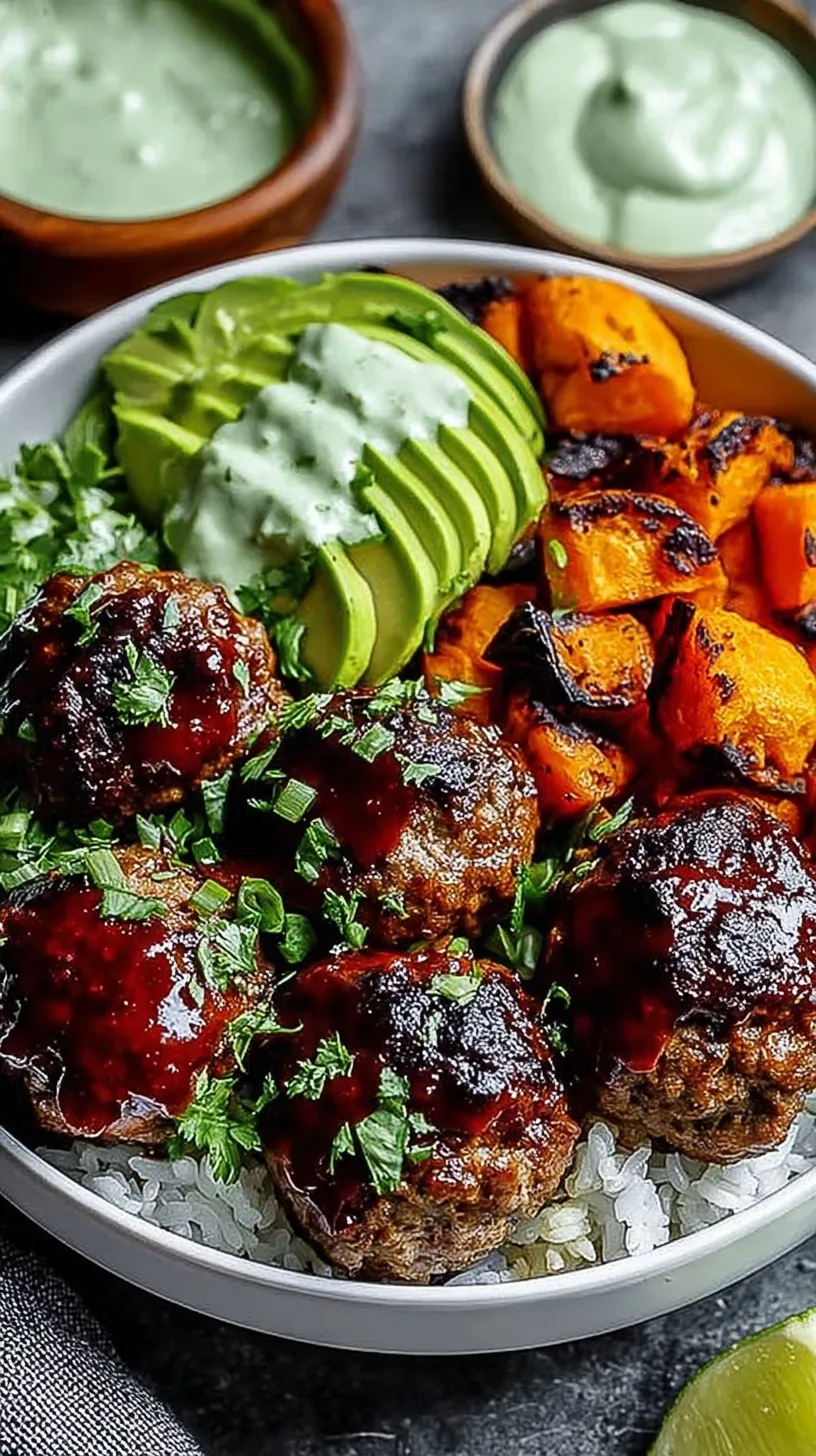A colorful bowl featuring glazed barbecue meatballs, roasted broccoli, sweet corn, and jasmine rice topped with green avocado sauce.