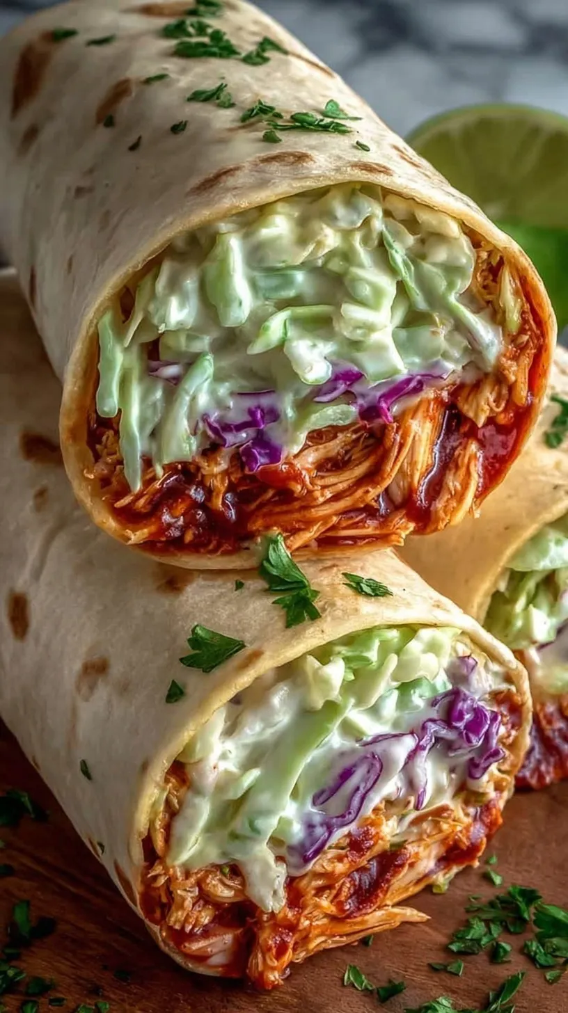 A close up of sliced BBQ Chicken Coleslaw Wraps showing the colorful slaw and smoky chicken filling.