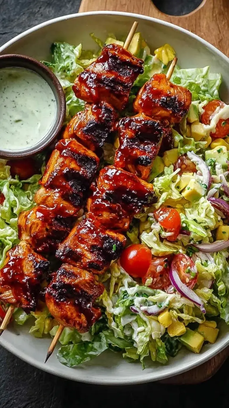 Grilled BBQ chicken skewers resting on a colorful bed of romaine lettuce, corn, and black beans with green avocado dressing.