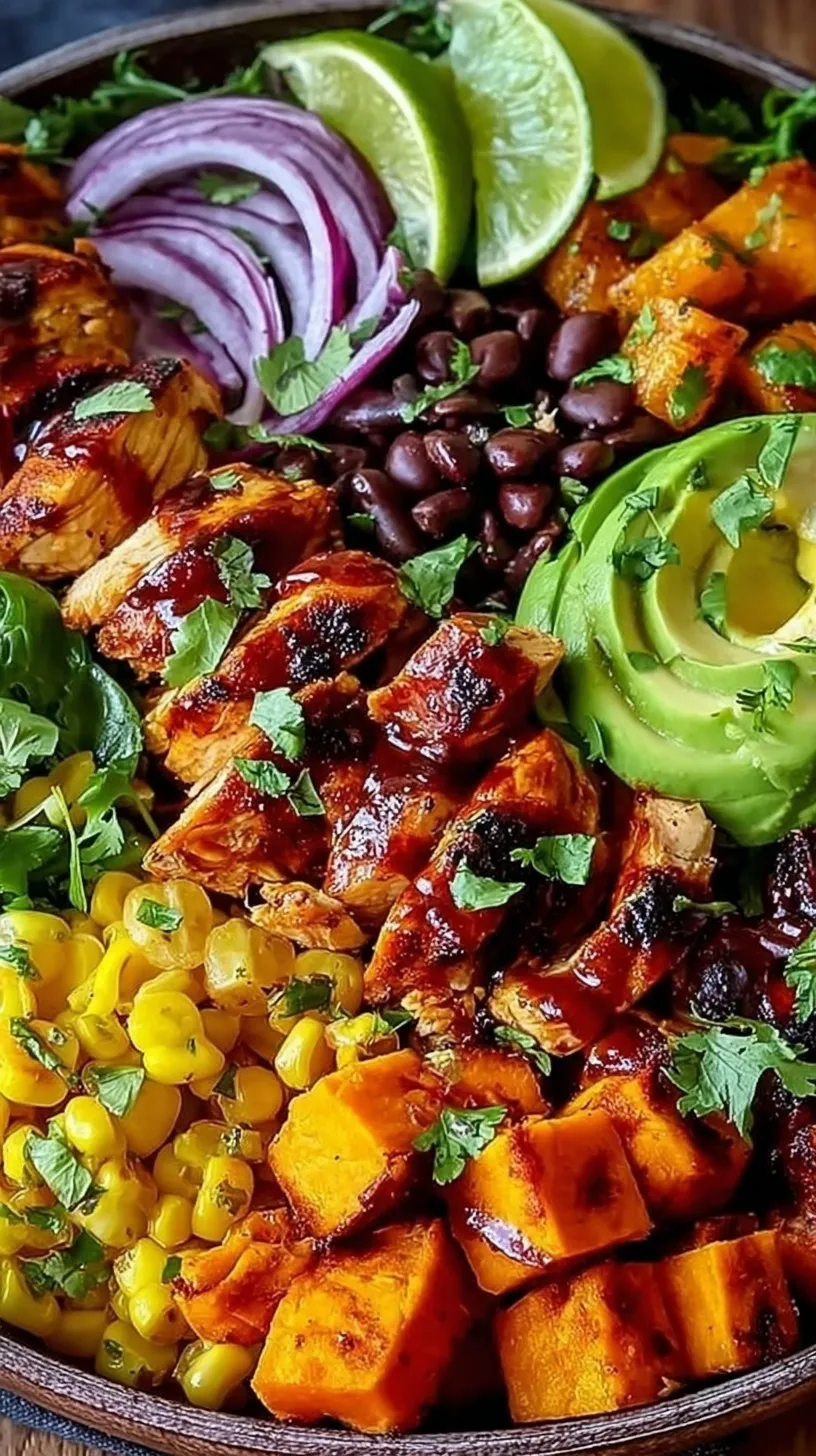 A vibrant BBQ Chicken Sweet Potato Bowl with roasted potatoes, shredded chicken, black beans, corn, and avocado slices.