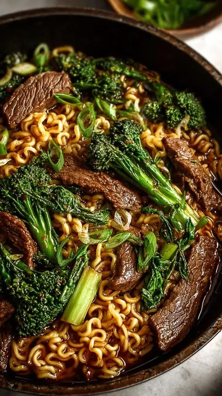 A steaming bowl of Beef and Broccoli Ramen Stir Fry with glossy sauce and fresh greens.
