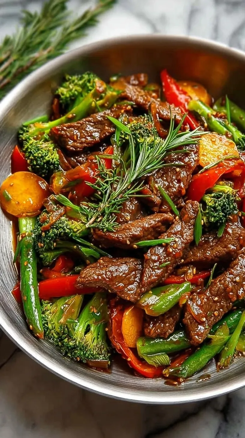 A colorful beef stir fry with vegetables including broccoli, red peppers, and carrots in a glossy sauce