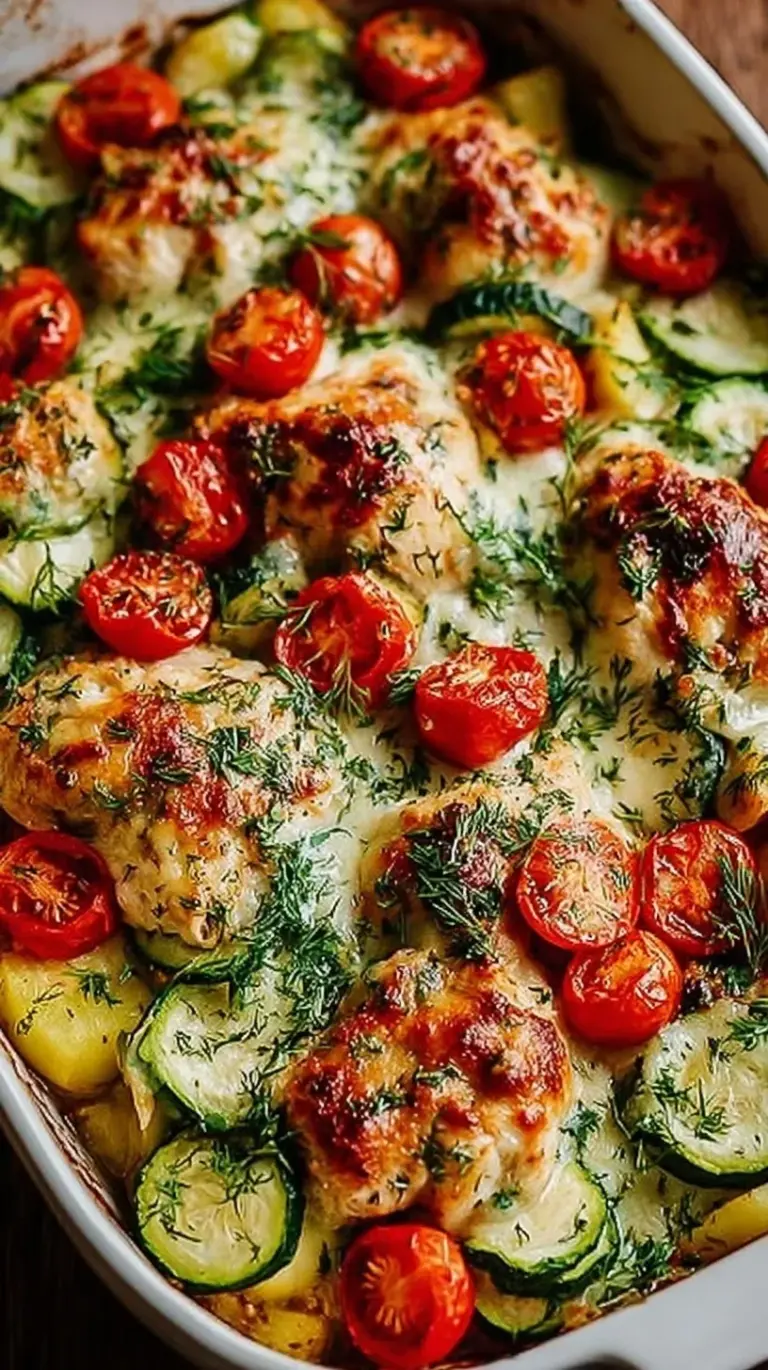 A colorful pan of roasted chicken, zucchini, cherry tomatoes, and olives topped with feta cheese and parsley.