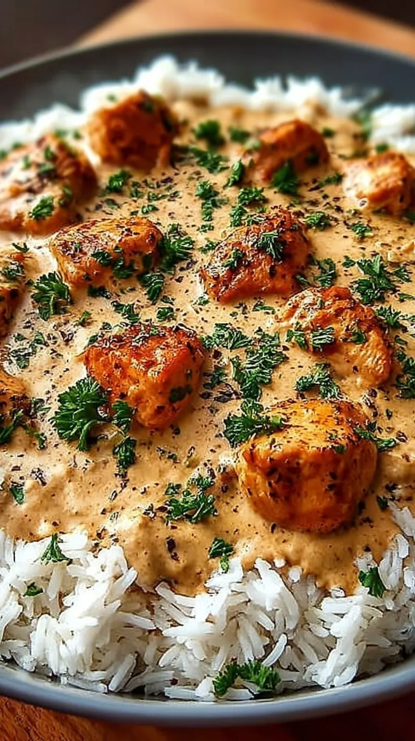 Golden brown seared chicken thighs nestled in a thick onion gravy served over white rice