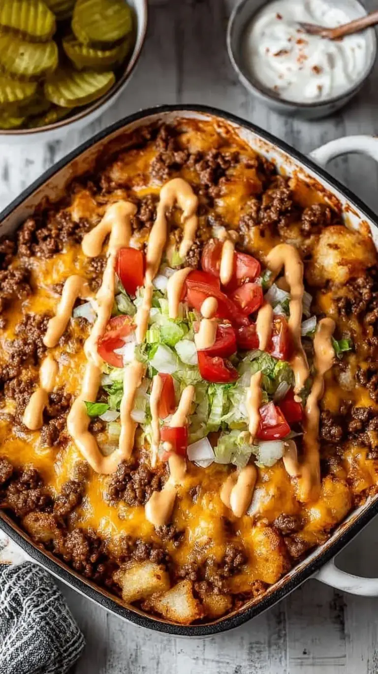A golden ground beef casserole topped with melted cheddar, fresh lettuce, pickles, and a creamy orange sauce.