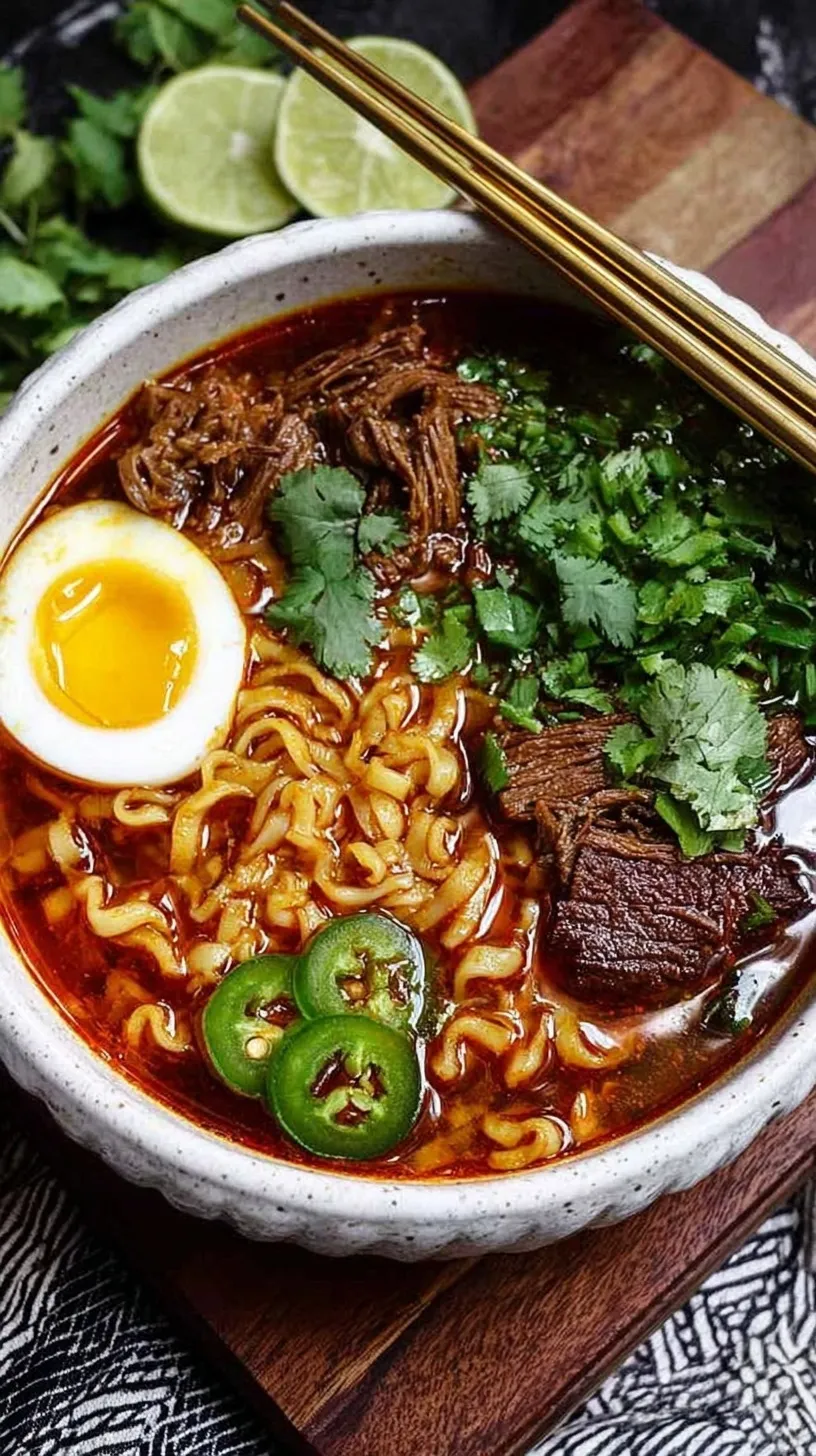 A steaming bowl of Birria Ramen with shredded beef, soft-boiled egg, and fresh cilantro.