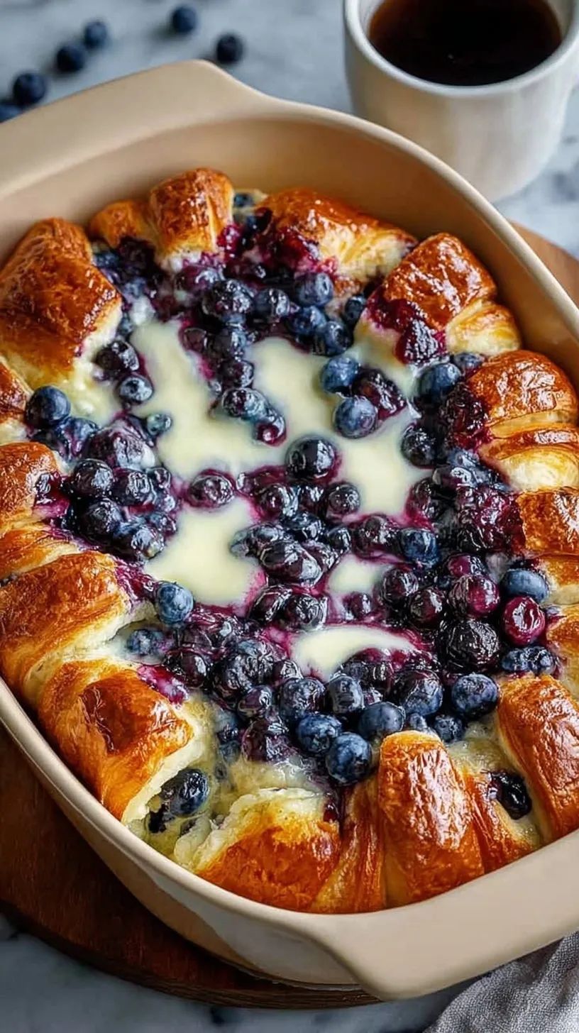 A golden brown blueberry cream cheese croissant casserole dusted with powdered sugar in a white baking dish.