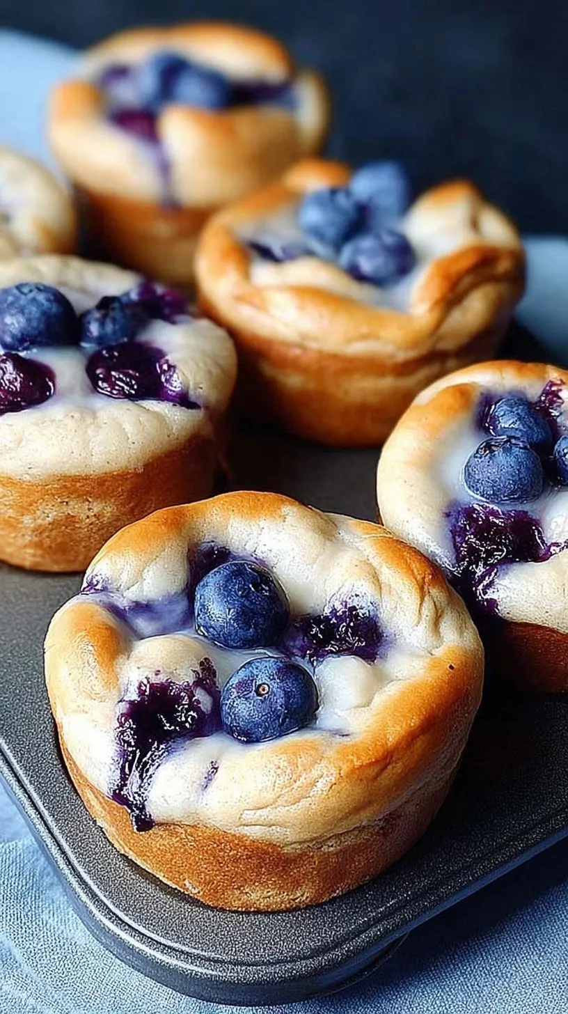 Freshly baked blueberry protein muffins with a visible creamy cream cheese center on a wire cooling rack.