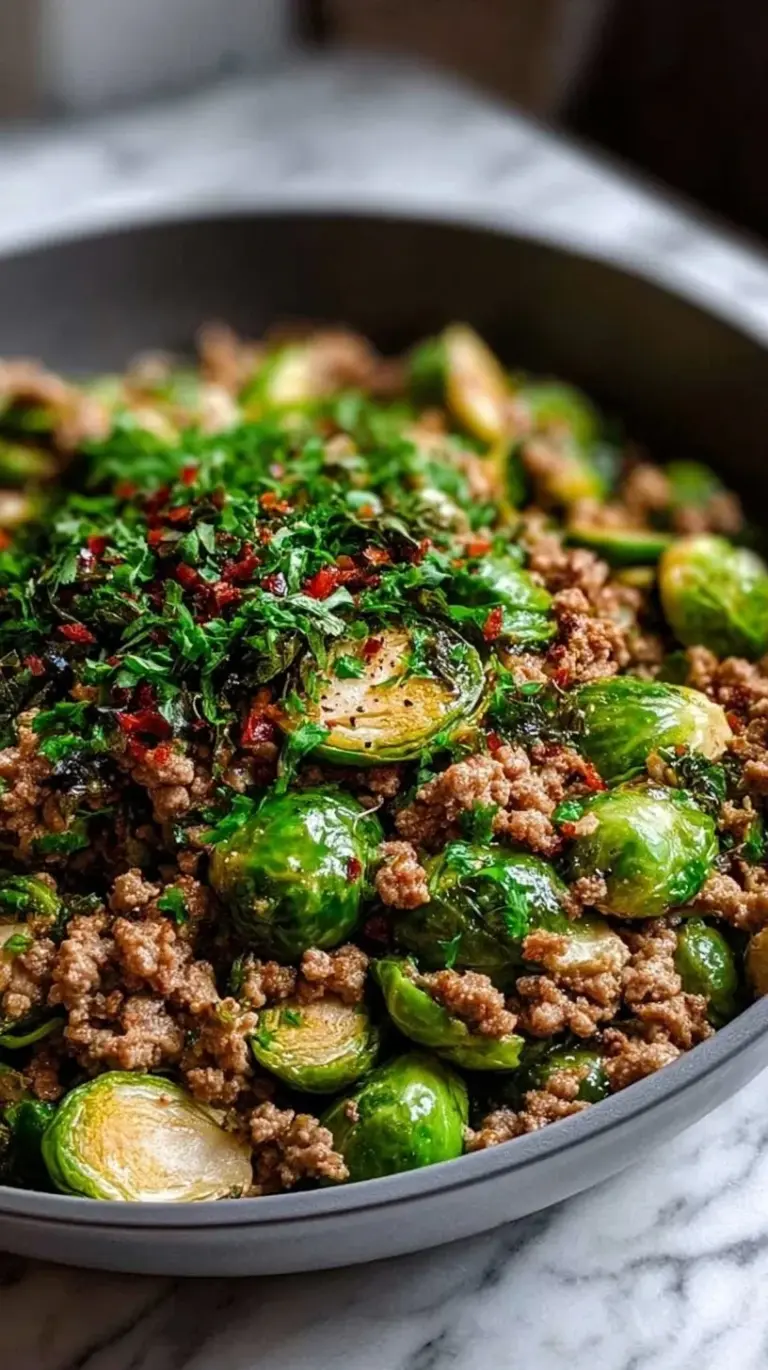 A large black skillet filled with browned ground turkey and caramelized shaved Brussels sprouts seasoned with smoked paprika.