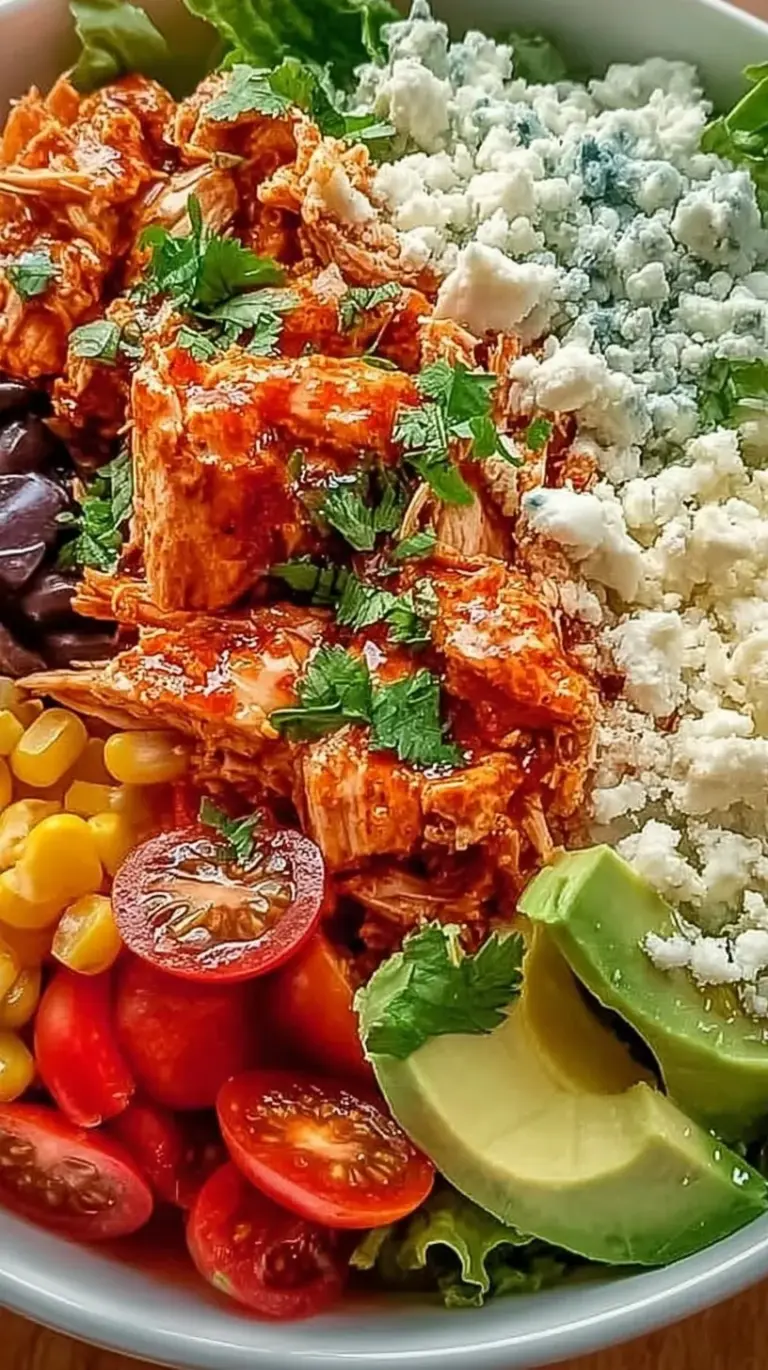 A vibrant Buffalo Chicken Bowl with shredded carrots, celery, and blue cheese over white rice.
