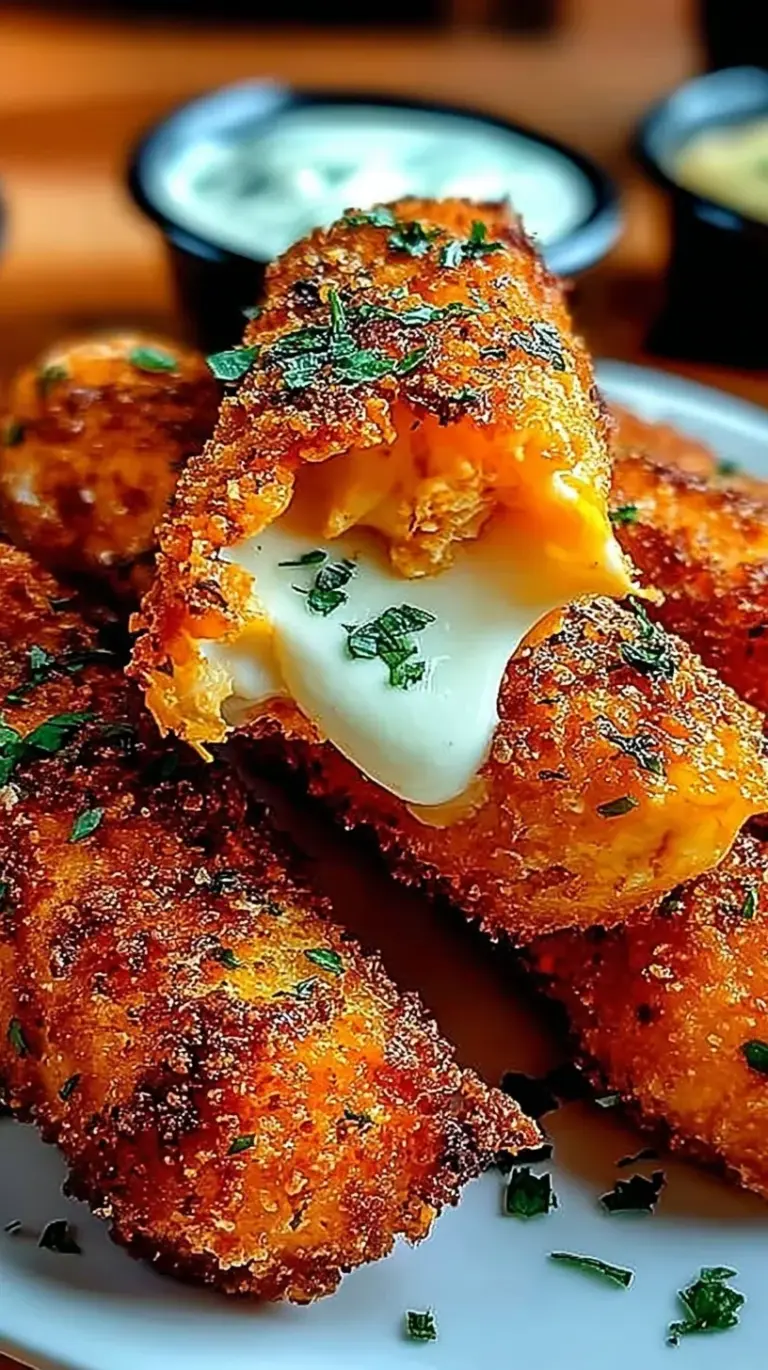 Golden brown buffalo chicken mozzarella sticks stacked on a plate with ranch dipping sauce