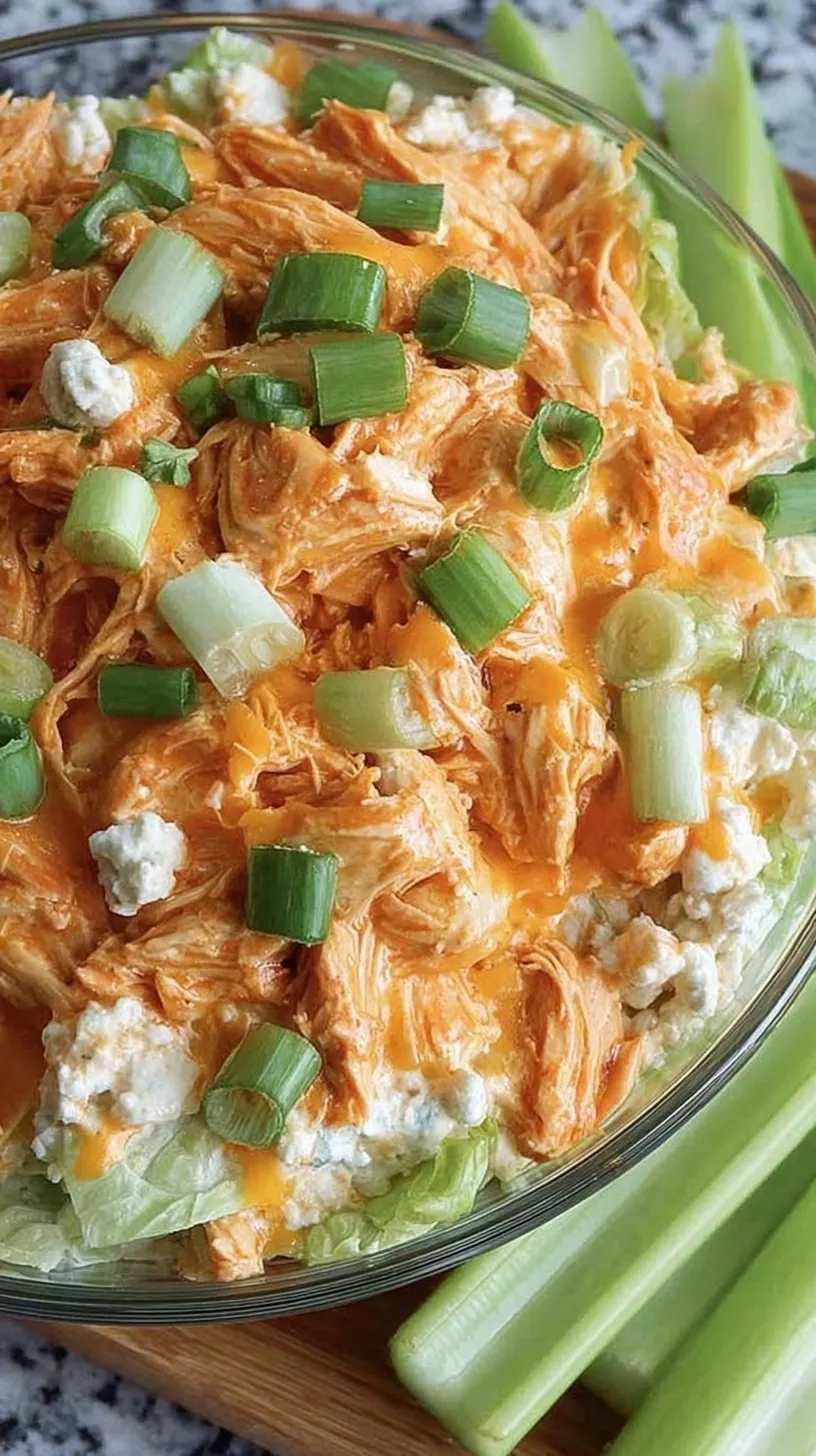 A vibrant bowl of shredded buffalo chicken salad served over fresh mixed greens with blue cheese crumbles